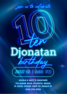 Blue Neon 10th Birthday Invitation design preview