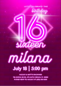 Pink Neon 16th Birthday Invitation design preview