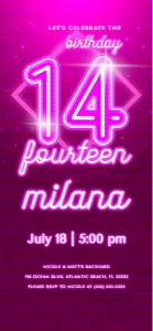 Pink Neon 14th Birthday Electronic Invitation design preview