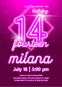Pink Neon 14th Birthday Invitation design preview