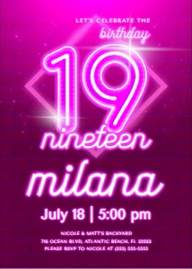 Pink Neon 19th Birthday Invitation design preview