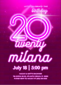 Pink Neon 20th Birthday Invitation design preview