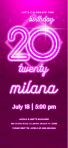 Pink Neon 20th Birthday Electronic Invitation design preview