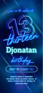 Blue Neon 13th Birthday Electronic Invitation design preview