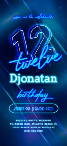 Blue Neon 12th Birthday Electronic Invitation design preview