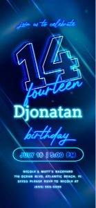 Blue Neon 14th Birthday Electronic Invitation design preview