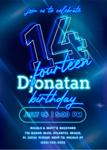 Blue Neon 14th Birthday Invitation design preview
