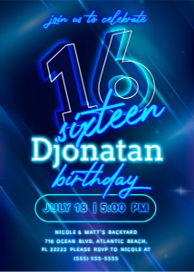 Blue Neon 16th Birthday Invitation design preview