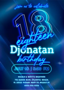 Blue Neon 18th Birthday Invitation: Blue Neon 18th Birthday Invitation