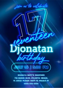 Blue Neon 17th Birthday Invitation design preview