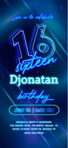 Blue Neon 16th Birthday Electronic Invitation design preview