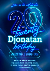 Blue Neon 20th Birthday Invitation design preview