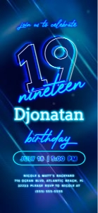 Blue Neon 19th Birthday Electronic Invitation design preview
