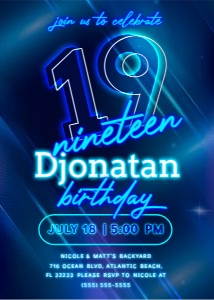 Blue Neon 19th Birthday Invitation design preview