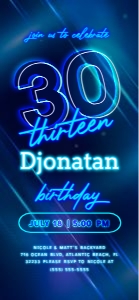 Blue Neon 30th Birthday Electronic Invitation design preview