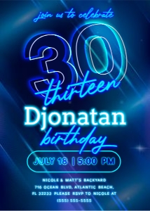 Blue Neon 30th Birthday Invitation design preview