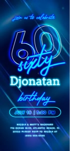 Blue Neon 60th Birthday Electronic Invitation design preview