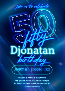 Blue Neon 50th Birthday Invitation design preview