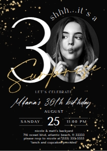 Black Gold Surprise 30th Birthday Invitation with Photo: Black Gold Surprise 30th Birthday Invitation with Photo