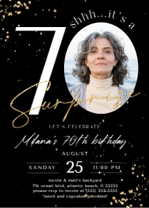 Black Gold Surprise 70th Birthday Invitation with Photo: Black Gold Surprise 70th Birthday Invitation with Photo