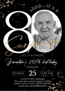 Black Gold Surprise 80th Birthday Invitation with Photo: Black Gold Surprise 80th Birthday Invitation with Photo