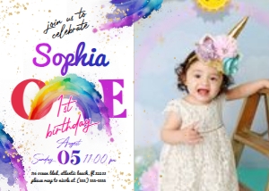 Rainbow First Birthday Invitation with photo design preview