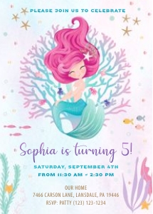 Mermaid coral invitation 5x7: Mermaid invitation coral