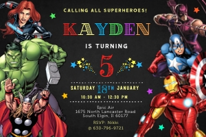 Marvel superheroes birthday invitation 4x6-UK&AUS-DATE-FORMAT: Marvel superheroes birthday invitation