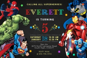 Superheroes party invitation 4x6: Superhero birthday invitation 3