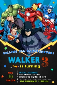 Superheroes birthday invitation-3 4x6: Superheroes birthday invite vertical