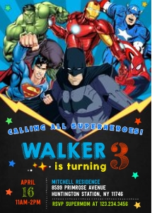 Superheroes birthday invitation-3 5x7: Superheroes birthday invite vertical