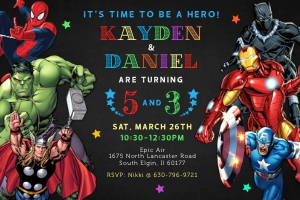 Avengers joint birthday invitation 4x6: Avengers joint birthday invitation