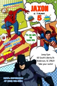 Comic superheroes invitation 4x6: Comic book superheroes birthday invitation