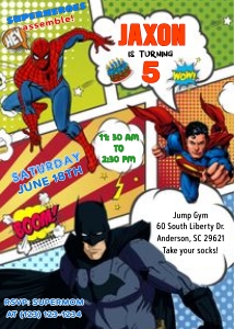 Comic superheroes invitation 5x7: Comic book superheroes birthday invitation