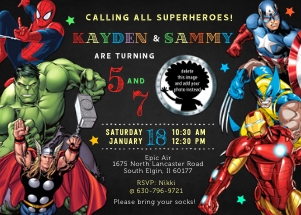 Superheroes birthday invitation with photo combined 5x7: Superhero combined birthday invitation