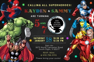 Superheroes birthday invitation with photo combined 4x6: Superhero combined birthday invitation