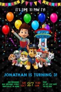 Paw Patrol Invite Black Background 4x6: Pw Patrol Birthday Invite Black Background
