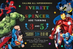 Superheroes party invitation siblings 4x6: Superhero invitation siblings