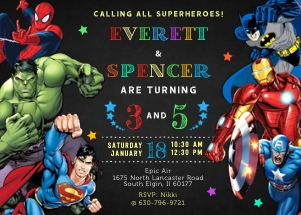 Superheroes party invitation siblings 5x7: Superhero invitation siblings