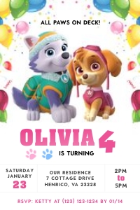 Paw Patrol Party Invite Girl 4x6: Paw Patrol Invitation Girl