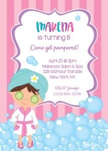 Spa party invitation - pink stripes and bubbles design preview