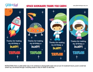 Space rocket astronaut party bookmark favor tags design preview