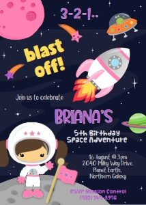 Space party invite girl astronaut design preview