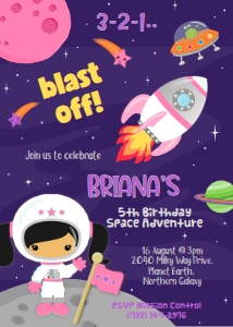 Space party invitation girl3 design preview