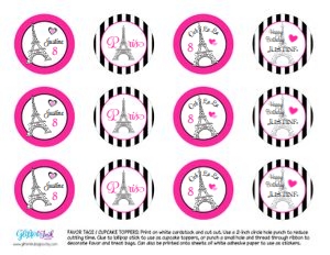 Paris Party cupcake toppers and wrappers PINK design preview