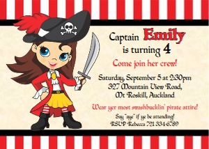 Pirate invitation red girl design preview