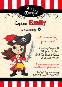 Pirate girl invite red brown blue design preview