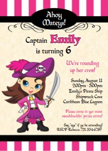 Pirate girl invite pink brown blue design preview