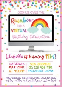 virtual rainbow invite with confetti and screen-pink design preview