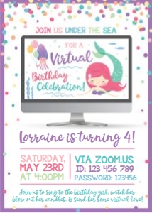 virtual mermaid invite with confetti and screen design preview